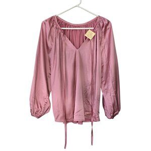 Pink Satin Boho V-neck Blouse w. Long Sleeves & Tie Neck Size Small